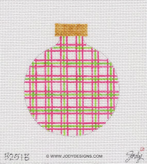Stripe and Check Hand Painted Needlepoint Ornament - Pink and Green - All  colors available- Jody Designs B251B