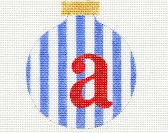 Red Alphabet Letter Blue Stripes Handpainted Needlepoint Ornament Canvas ALL Letters available - Jody Designs A1AS