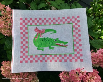 Green Alligator with Pink and White Checked Border Handpainted Needlepoint Canvas - Jody Designs