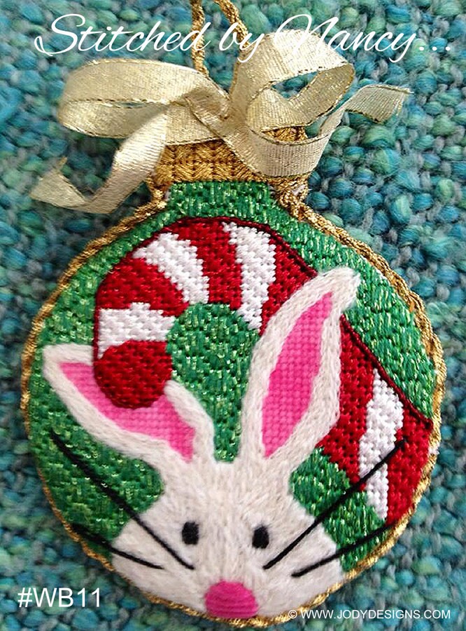 Candycane and the White Bunny Needlepoint Ornament - Jody Designs