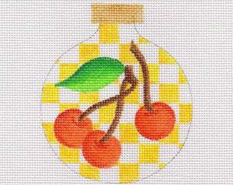 Cherries, Yellow Checks Hand Painted Needlepoint Ornament Canvas - Jody Designs  B219B