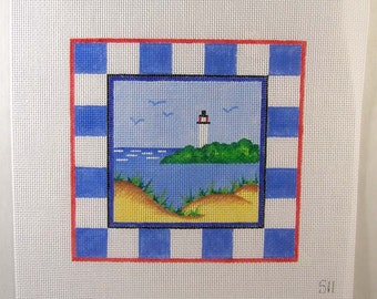 Lighthouse with Blue Checks Hand Painted Needlepoint Canvas  7 x7  Square - Jody Designs