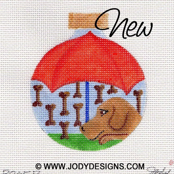 Dog and Raining Dogbones Needlepoint Ornament - Jody Designs     B205B  Cooper Umbrella