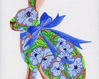 Tall Hare Rabbit - Blossom Flowers BLUE Needlepoint Hand Painted- Jody Designs
