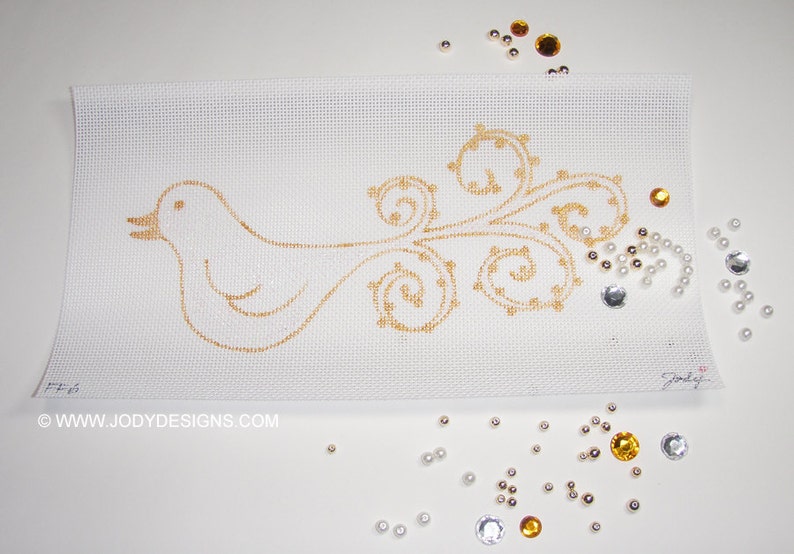 Gold and White Fancy Feather Bird Needlepoint Jody Designs FF6 image 2