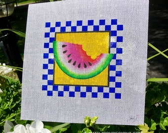 Watermelon, Blue Check Hand Painted Needlepoint  7 x7  Square Canvas - Jody Designs   S6