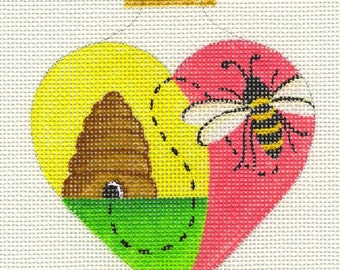 Heart,Bee,and Hive Hand Painted Needlepoint Ornament Canvas - Jody Designs  H6
