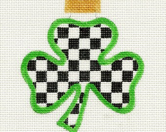 Shamrock Green Border, Black and White Checks Needlepoint Ornament Canvas - Jody Designs B234
