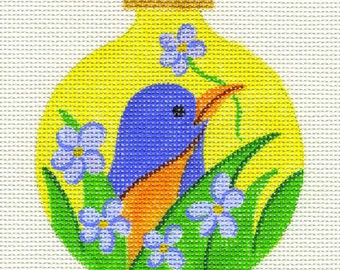 Blue Bird and Forget me Not Flowers Needlepoint Ornament - Jody Designs  B5-00