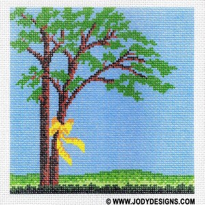 May include: A cross-stitch pattern of a green tree with a yellow bow tied around the trunk against a blue sky background.