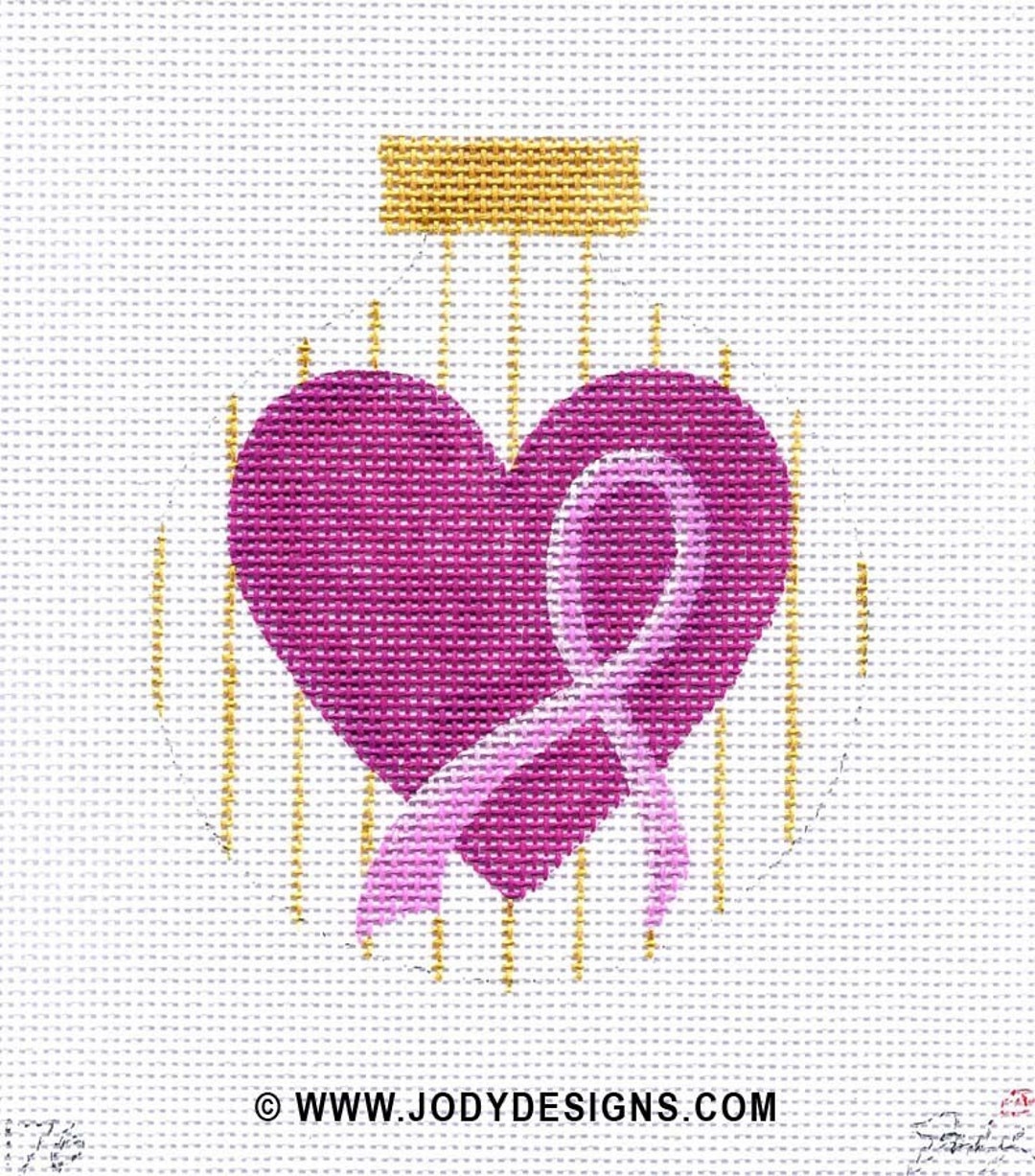 ●JUDY AND PAUL● Lovely ribbon and heart piercing Heart and Pink Ribbon Needlepoint Ornament - Jody Designs