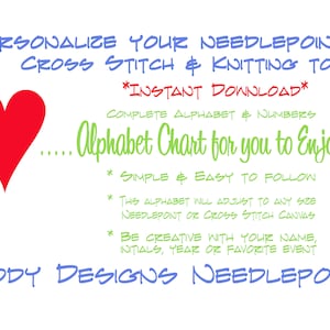 Instant Digital Download- Alphabet and Numbers Chart-Needlepoint-CrossStitch-Needlework -Jody Designs