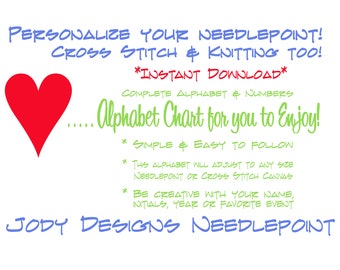 Instant Digital Download- Alphabet and Numbers Chart-Needlepoint-CrossStitch-Needlework -Jody Designs