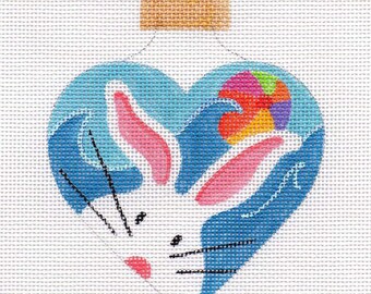 Beach, Heart, White Bunny Hand Painted Needlepoint Ornament Canvas - Jody Designs - WB4