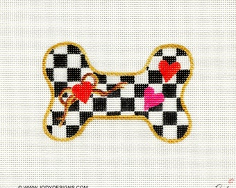 Check Dog Bone  Valentine Hearts Needlepoint Ornament outlined in Gold with Gold Bow - Jody Designs