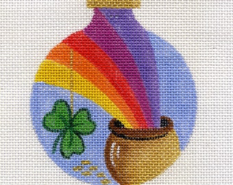 Shamrock Rainbow with Pot of Gold Hand Painted Needlepoint Ornament Canvas- B3-99 - Jody Designs