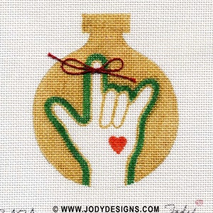 Hand, I love you sign / red Also has tied fiber around finger Needlepoint Ornament Jody Designs B42C image 2