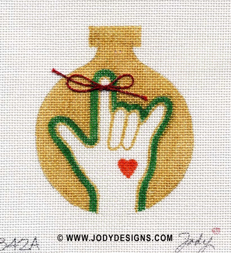 Hand, I love you sign / red Also has tied fiber around finger Needlepoint Ornament Jody Designs B42C image 2