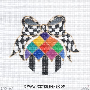 Checked Bow Topper with Colorful Harlequin and Stripes Needlepoint Ornament - Jody Designs  -#BT02-#B116A