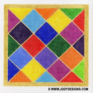 May include: A colorful geometric pattern with a gold border. The pattern is made up of squares and triangles in various colors, including red, orange, yellow, green, blue, purple, and black.