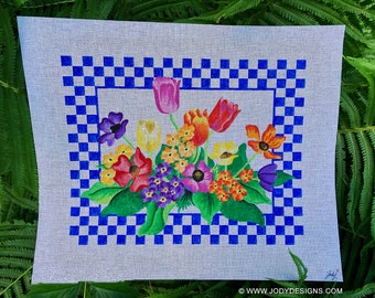 Spring Flowers with Checks Hand Painted Needlepoint Canvas - Jody Designs
