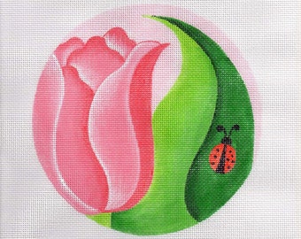 Pink Tulip with Ladybug Round Needlepoint - Jody Designs