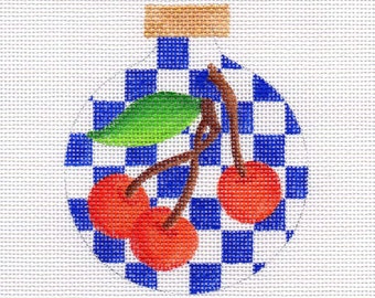 Cherries, Blue Checks Hand Painted Needlepoint Ornament Canvas - Jody Designs  B219A