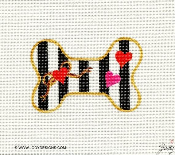 Stripe Dog Bone Valentine Hearts Needlepoint Ornament Outlined in Gold With  Gold Bow Jody Designs 