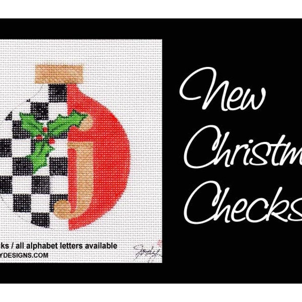 Christmas Letter Needlepoint Hand Painted Ornament with Checks Canvas - All letters available/custom colors too - Jody Designs