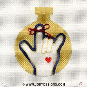 Hand, I love you sign / red Also has tied fiber around finger Needlepoint Ornament Jody Designs B42C image 3