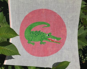 Green Alligator and Pink Background Handpainted Needlepoint Round or Square Canvas - Jody Designs