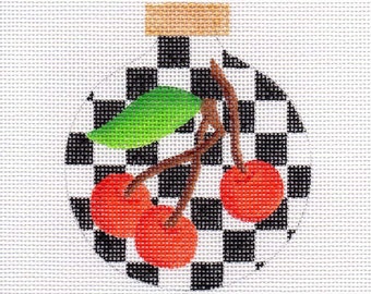 Cherries, Black Checks Hand Painted Needlepoint Ornament Canvas - Jody Designs  B219C