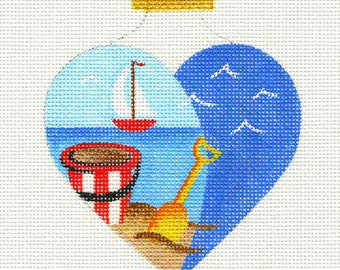 Sailboat, Heart, Beach Pail Hand Painted Needlepoint Ornament Canvas - Jody Designs H7
