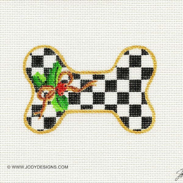 Check Dog Bone Needlepoint Ornament outlined in Gold with Gold Bow and Holly - Jody Designs