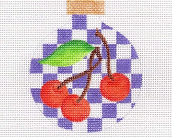 Cherries, Purple Checks Hand Painted Needlepoint Ornament Canvas - Jody Designs B219A