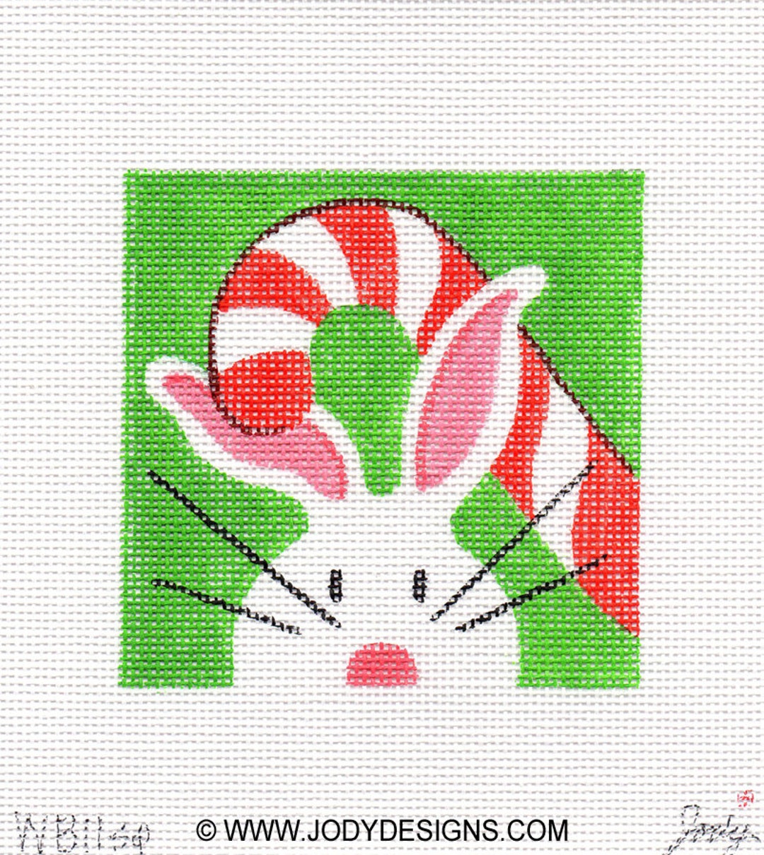Candycane and the White Bunny Needlepoint Square - Jody Designs