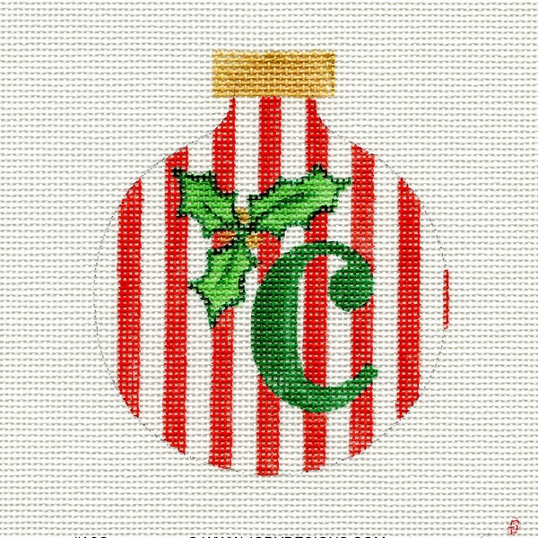 Christmas Candy Cane Striped with Holly Alphabet Handpainted Needlepoint Ornament - All letters available - Jody Designs