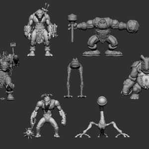 May include: A collection of grayscale 3D-rendered fantasy creature models. The models include a variety of humanoid and animalistic figures, such as a warrior, a frog-like creature, and an elephant-headed figure. The figures are posed in various stances.