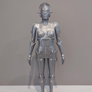 May include: A silver-coloured, articulated robot figure with a human-like form. The robot has a detailed face with a neutral expression and a segmented body.