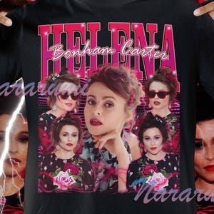 May include: Black t-shirt featuring a collage of images of Helena Bonham Carter, with the name "Helena Bonham Carter" in pink text. The background has a red and white design with the name "Bonham Carter" in a script font.