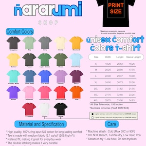 May include: A product image showcasing a variety of unisex comfort colors t-shirts. The image includes a color chart with shades like graphite, chambray, and crimson. Specifications and care instructions are also provided.