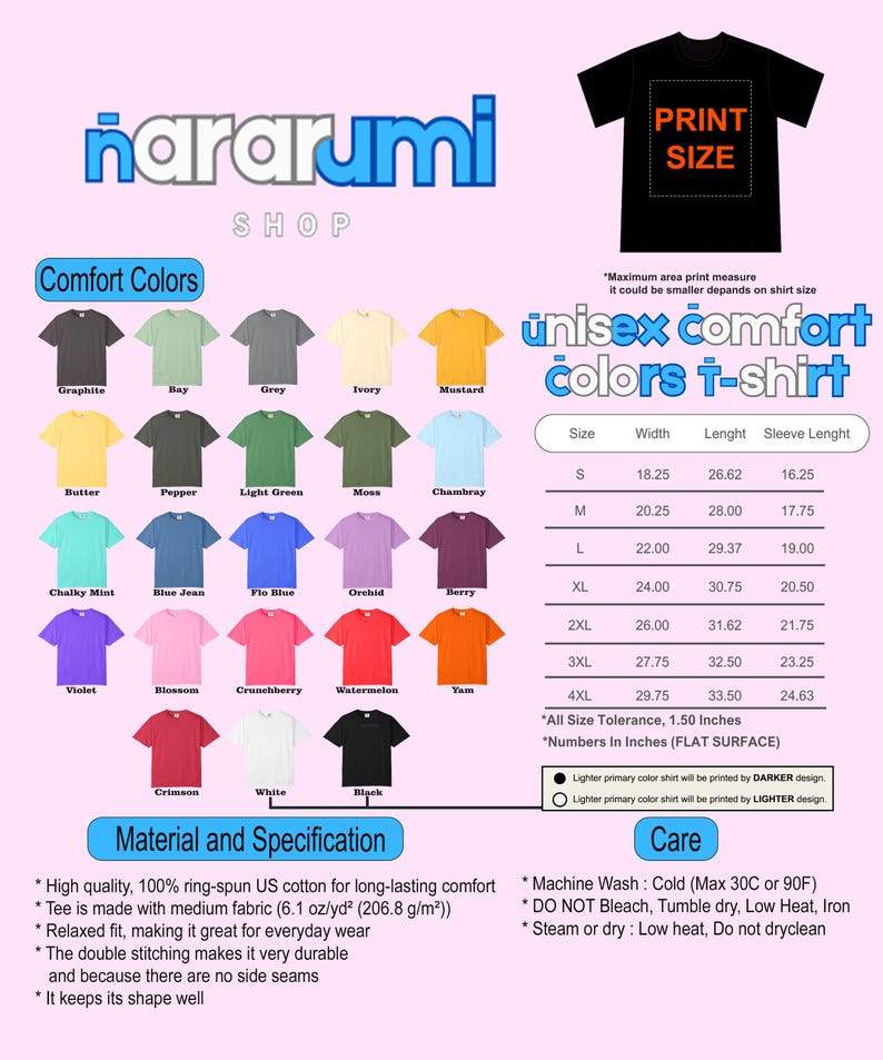 May include: A product image showcasing a variety of unisex comfort colors t-shirts. The image includes a color chart with shades like graphite, chambray, and crimson. Specifications and care instructions are also provided.
