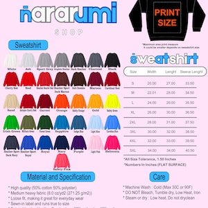 May include: A product image showcasing a variety of sweatshirts in different colors, including white, black, red, and blue. The image also displays a size chart with measurements in inches and care instructions. The brand name "nararumi" is at the top.