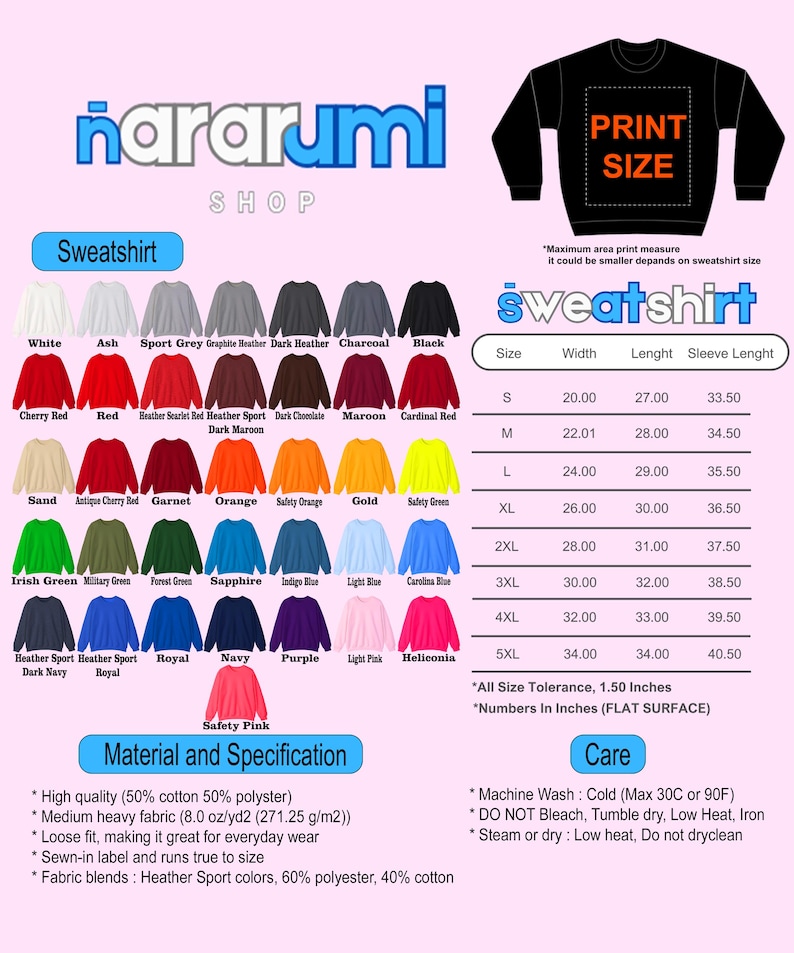 May include: A product image showcasing a variety of sweatshirts in different colors, including white, black, red, and blue. The image also displays a size chart with measurements in inches and care instructions. The brand name "nararumi" is at the top.