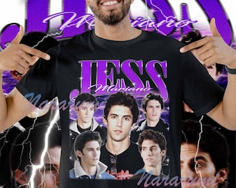 May include: Black t-shirt featuring a collage of images and the name "JESS Mariano" in purple. The design includes multiple portraits of a young man, with a purple lightning bolt background.