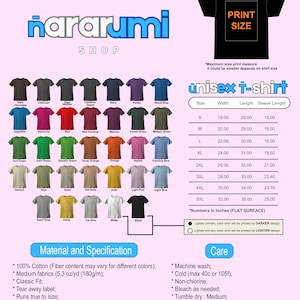 May include: A product image featuring a variety of unisex t-shirts in various colors, with a size chart in inches. The image includes the brand name "nararumi shop" and details on material, specifications, and care instructions.