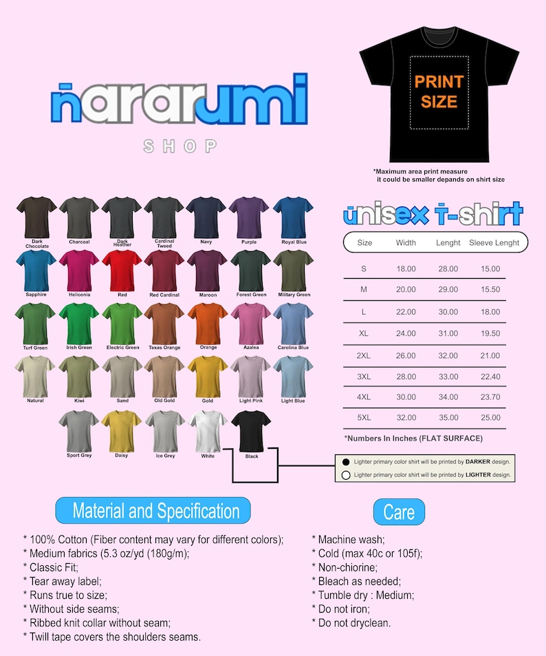 May include: A product image featuring a variety of unisex t-shirts in various colors, with a size chart in inches. The image includes the brand name "nararumi shop" and details on material, specifications, and care instructions.