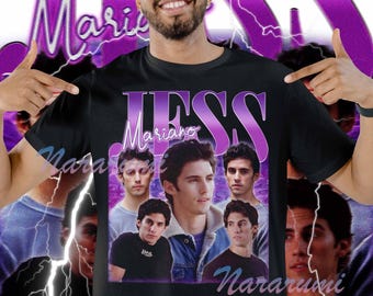 May include: Black t-shirt featuring a collage of images and the name "JESS Mariano" in purple. The design includes a portrait of a man and the text "Nararuki". The background has a purple lightning bolt design.