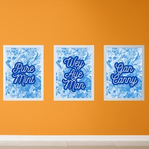 May include: Three framed art prints with white frames and blue floral patterns. Each print has a different phrase in blue script: "Pure Mint", "Wey Aye Man", and "Gan Canny". The prints are displayed on an orange wall.