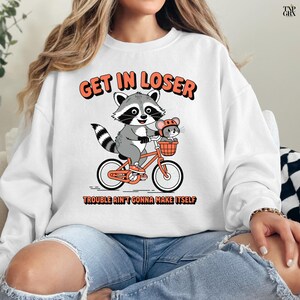 Get In Loser Trouble Ain&#39;t Gonna Make Itself Vintage-Inspired Flat Color Style, Funny Raccoon Meme, Funny Trash Panda Merch, cute animal